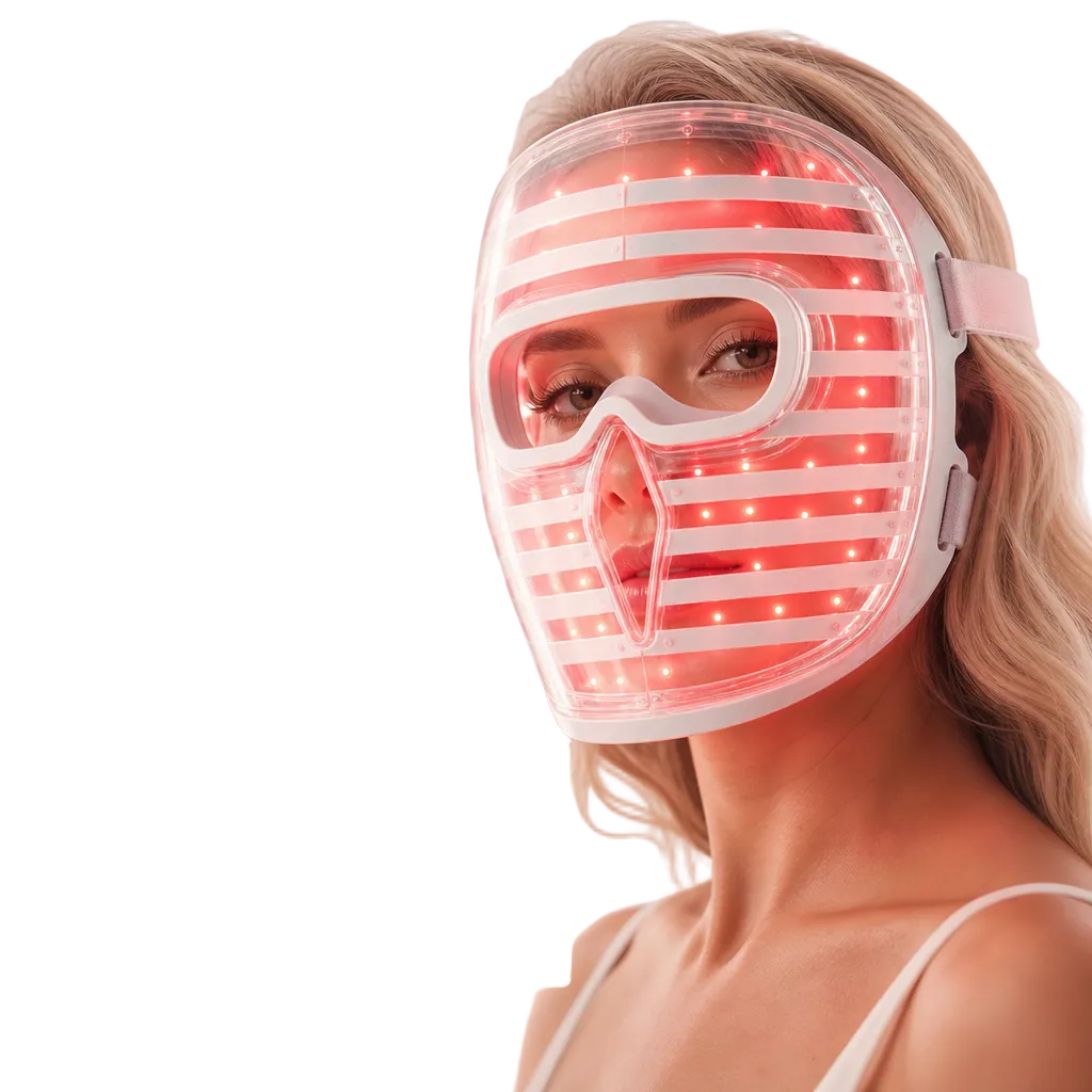 Woman using advanced full-face LED light therapy mask for skincare support