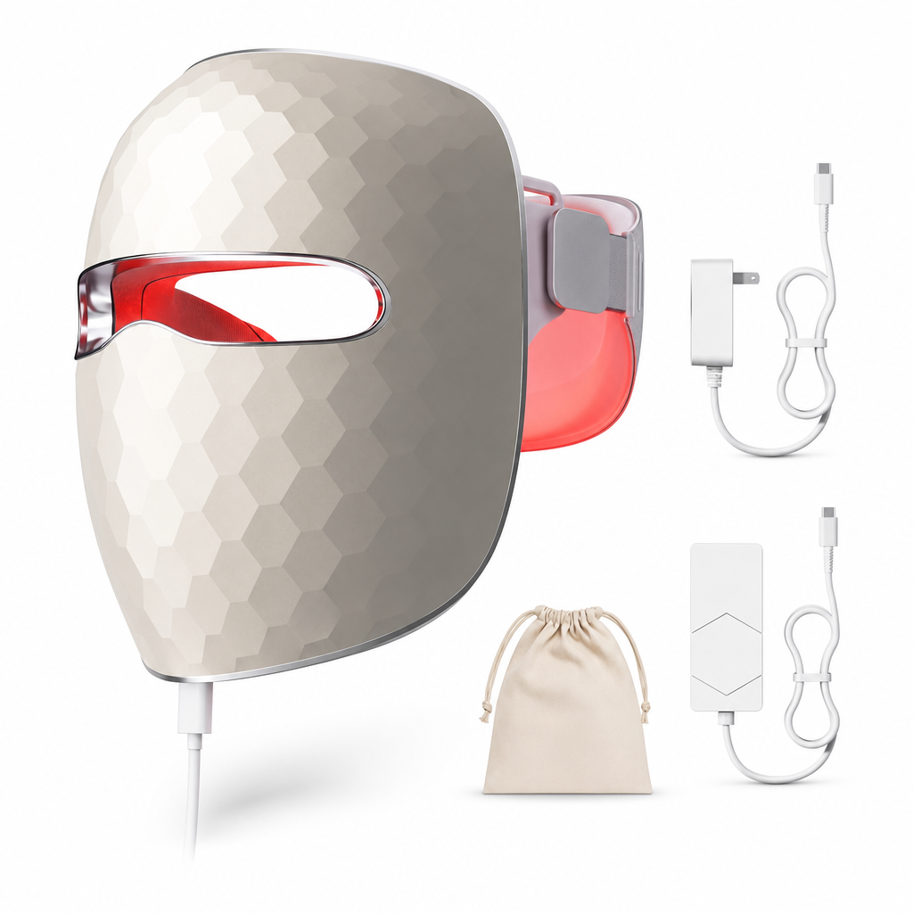 Cordless LED face mask with remote control and charging accessories