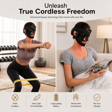 Woman wearing cordless red light therapy mask during daily activities