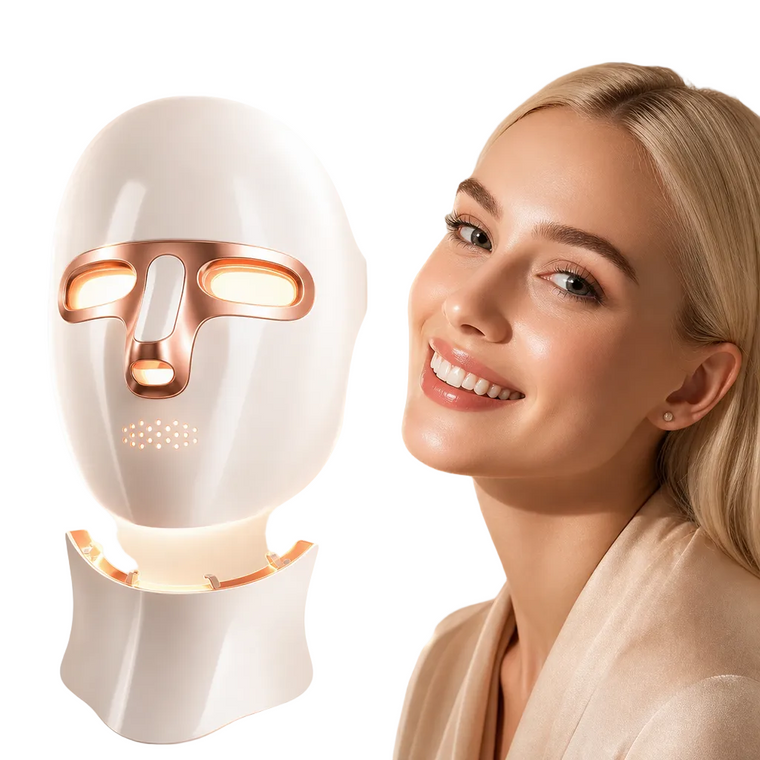 LED facial light therapy mask with radiant skincare beauty portrait