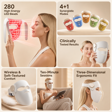 LED skincare mask feature overview with 280 LEDs and multi-light modes