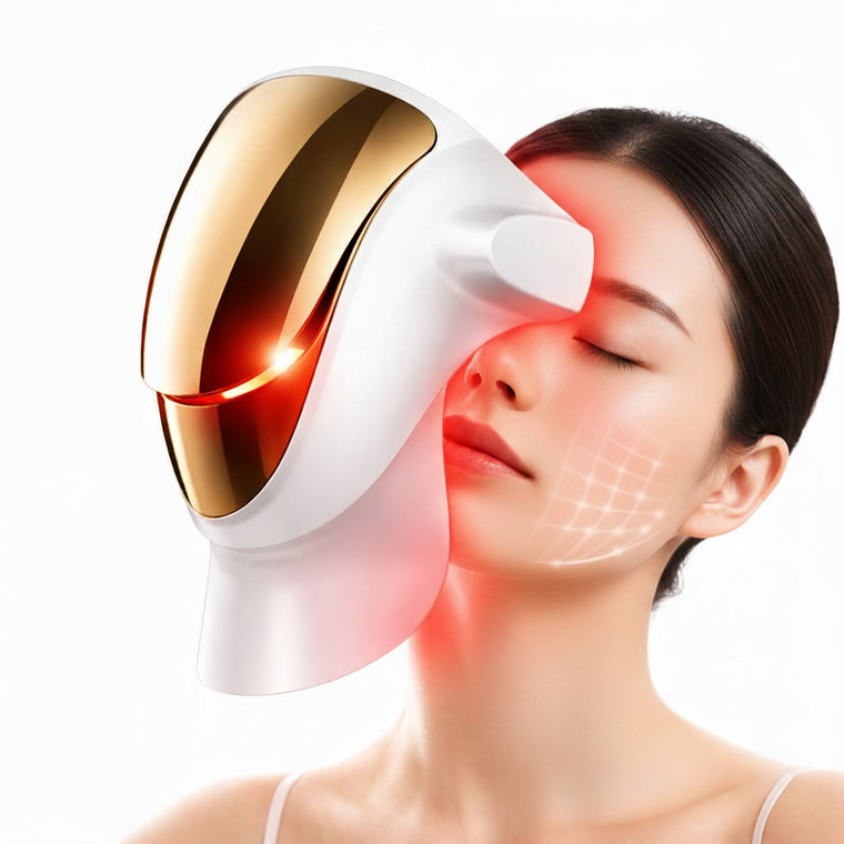 Woman using LED face mask light therapy device with red light technology