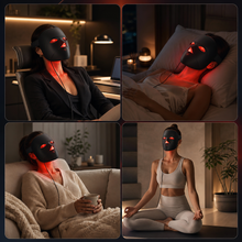 Women using LED light therapy mask during relaxation and meditation