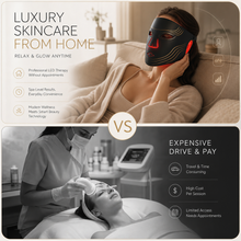 Woman relaxing at home while using wireless LED face therapy mask