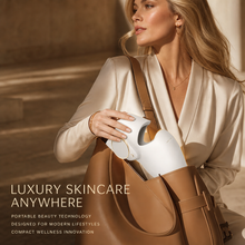 Portable LED face mask placed inside handbag for travel skincare convenience