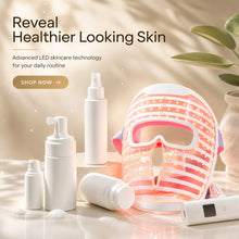 LED skincare mask displayed with facial skincare products for daily routines