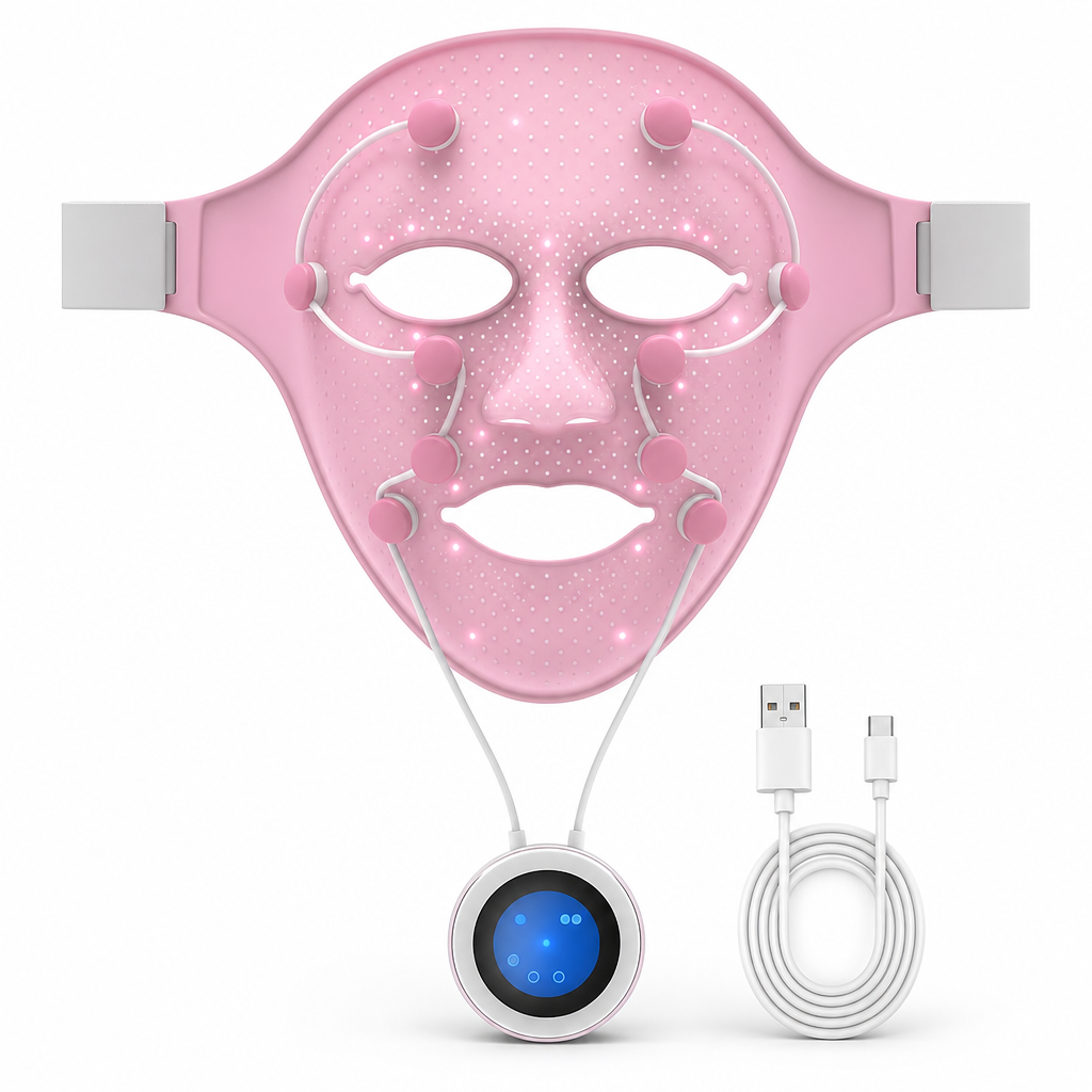 Woman wearing a flexible silicone LED face mask during skincare treatment