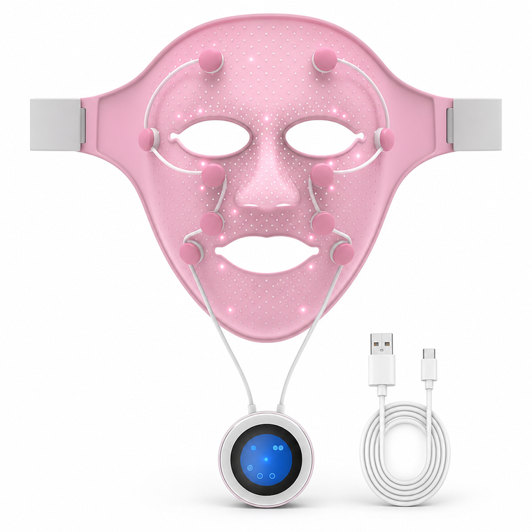Woman wearing a flexible silicone LED face mask during skincare treatment