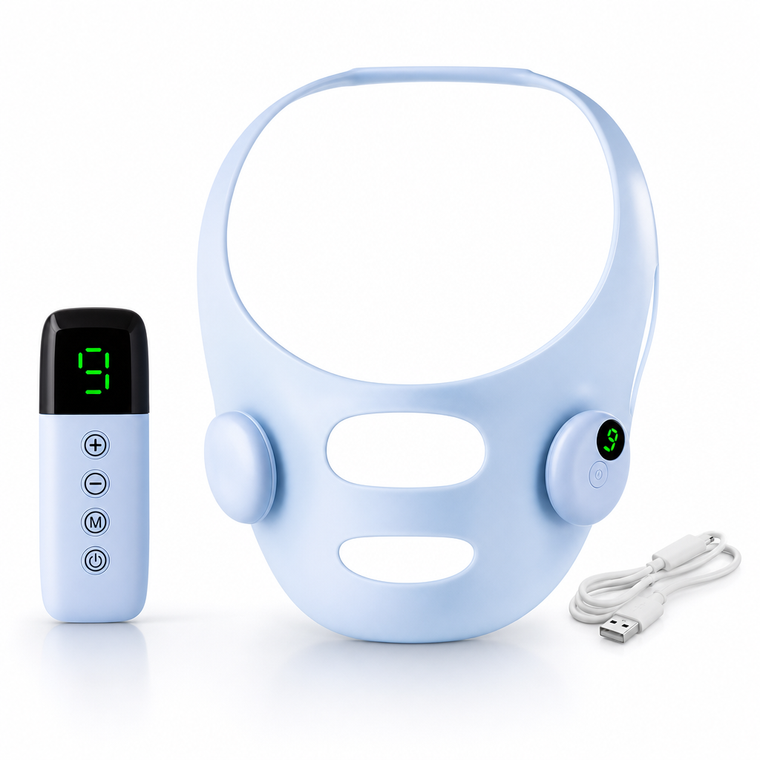 Blue V-line face lifting device with digital controller and charging cable