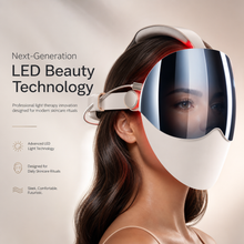 Woman wearing LED light therapy face mask with sapphire blue visor